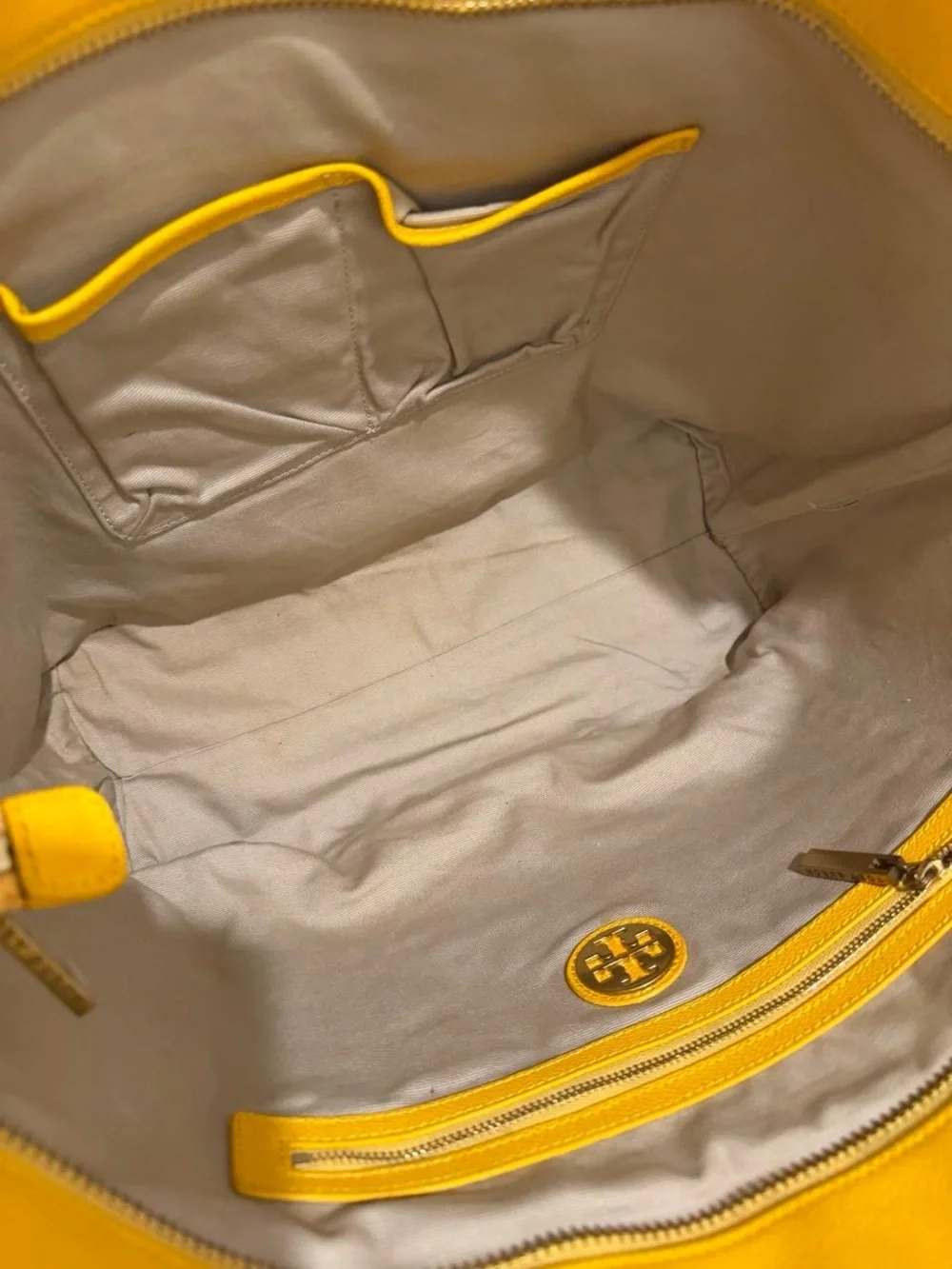 Tory Burch Mustard Leather Tote with Stripe Detail